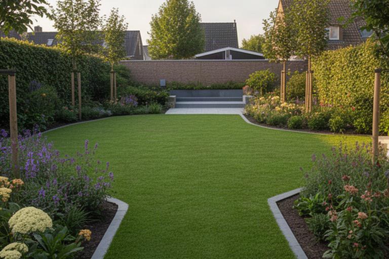 Opgeknapte achtertuin in Schinnen met onderhoudsarm gazon en strakke plantenborders